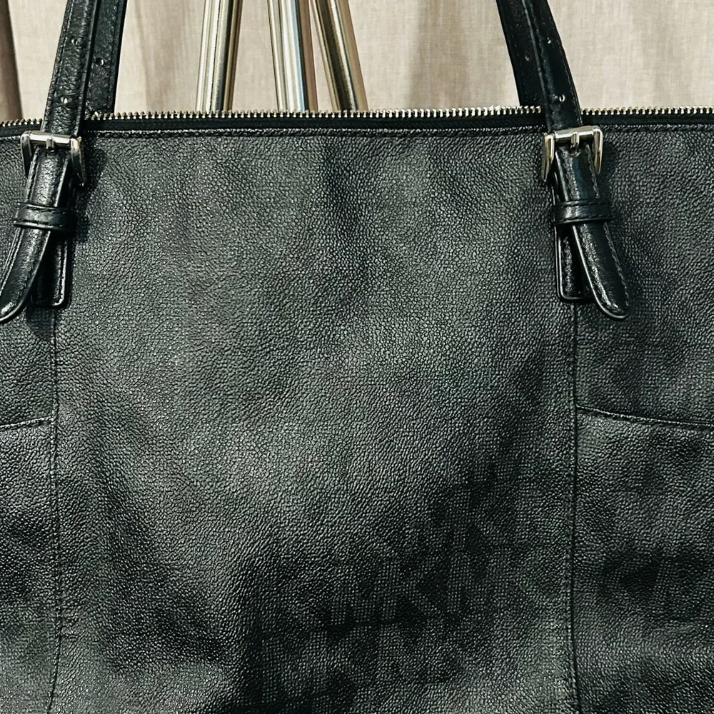 Michael Kors Black Tote Bag with MK logo throughout bag. - Picture 3 of 16